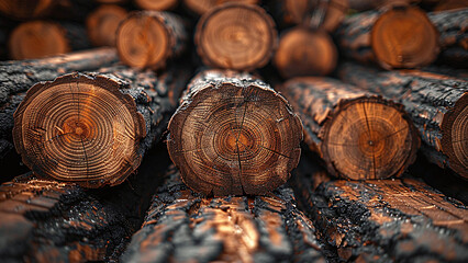 Rustic Stacked Logs Close Up with Detailed Wood Grain and Charred Bark