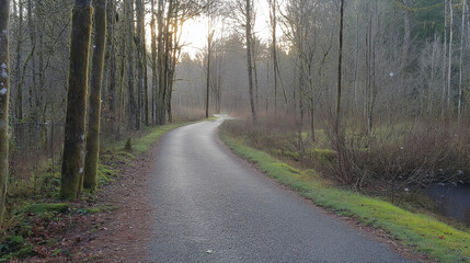 Fototapeta premium Invigorating long empty jogging path meandering alongside a serene forest offering peaceful exercise ambiance vibes