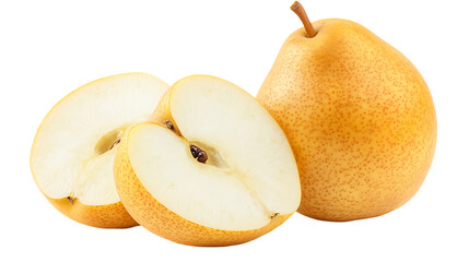 Fototapeta premium A whole and halved Asian pear are pictured closely