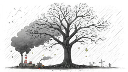 Fototapeta premium A dead tree under a polluted sky symbolizes environmental degradation and climate change.