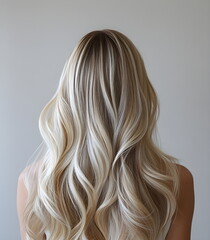 Fototapeta premium Blonde woman with long and shiny curly hair. Beautiful model girl with curly hairstyle. Care and beauty hair products