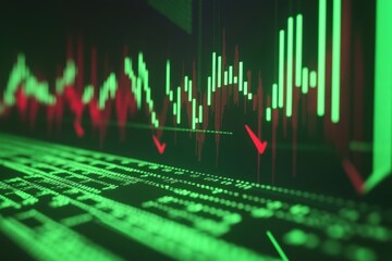 Abstract financial background. High tech dynamic backdrop. Stock market data on digital screen. Green light. Immersive futuristic theme for media web design projects. Trading charts, bar, arrow, graph