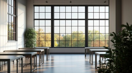 Fototapeta premium Chic Industrial Open Plan Coworking Space with Large Windows
