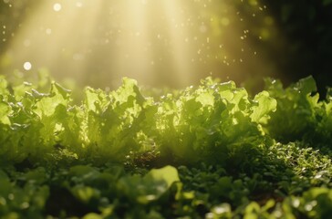 Fototapeta premium Lettuce plants thriving in morning sun, glowing with health