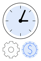 Clock with minimalist design, outlined gear, and stylized coin symbol. Ideal for efficiency, planning, productivity, time management, finance optimization and workplace strategy. Clean flat simple