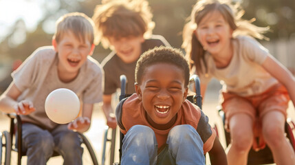 Fototapeta premium Children playing wheelchair sports outdoor park photography joyful environment dynamic view
