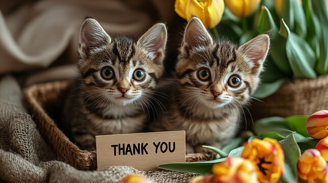 Thank you sign with text, thank you. Two cute kittens holding a thank you note. Expresses gratitude. Spring greeting background with yellow tulips. - Powered by Adobe