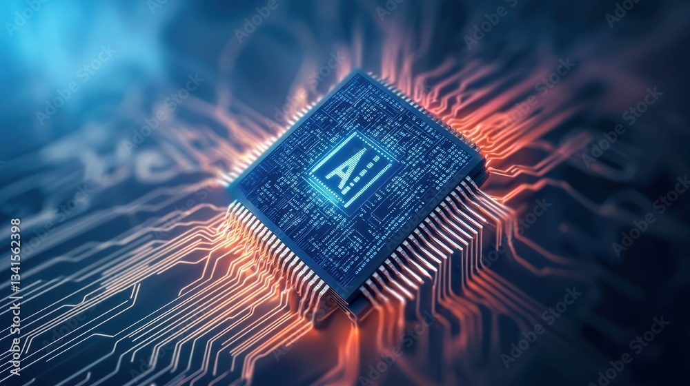 Poster A close-up view of a computer chip surrounded by vibrant circuit patterns representing advanced technology and innovation.