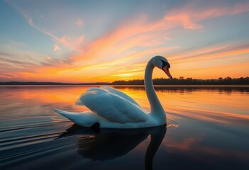 Fototapeta premium Elegant swan glides on calm sunset lake, colorful dust motes trace its form, artistic, majestic