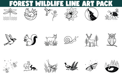 Fototapeta premium Forest Wildlife Line Art Pack Downloadable Nature Illustrations