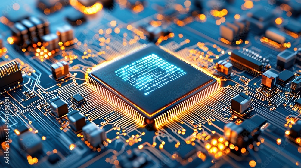 Poster A close-up view of a glowing microchip on a circuit board, showcasing intricate details and vibrant colors in a modern tech environment.