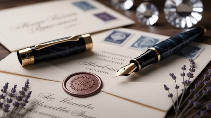 Elegant fountain pen with gold accents placed on vintage envelopes, wax seal, and lavender sprigs, evoking a classic and sophisticated writing theme