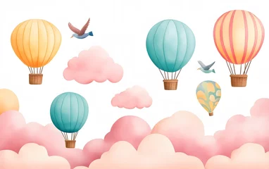 Poster Vintage hot air balloon festival with colorful balloons, fluffy clouds, and birds in soft watercolor strokes