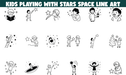Kids Space Adventure Line Art, Stars, Playful, Children, Cosmos