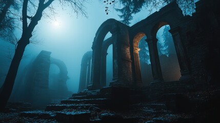 Ancient ruins illuminated by moonlight surrounded by mist in a tranquil night atmosphere