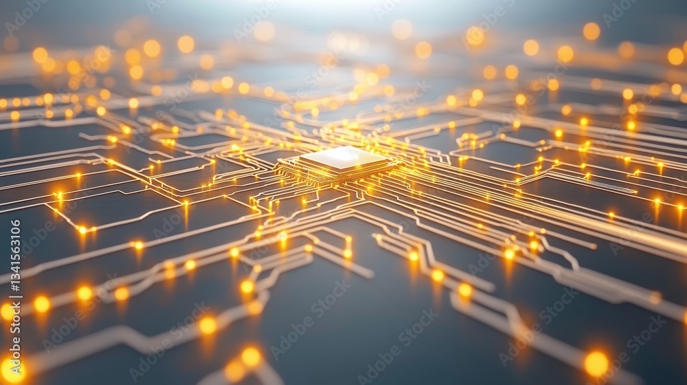 Poster A close-up view of a microchip surrounded by glowing circuits, representing advanced technology and innovation.