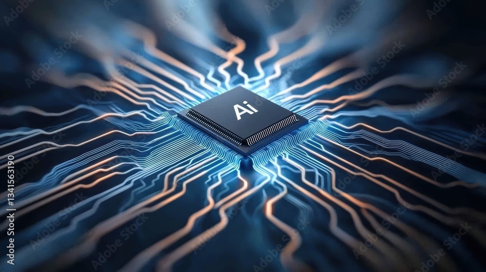 Poster A close-up view of a microchip with glowing circuit patterns, symbolizing the advancement of artificial intelligence in modern technology.