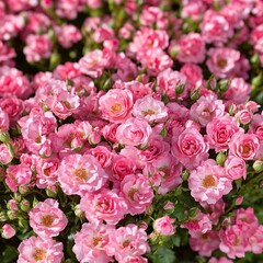 A lot of small pink roses on bush closeup in sunset garden. Pink roses bushes blooming