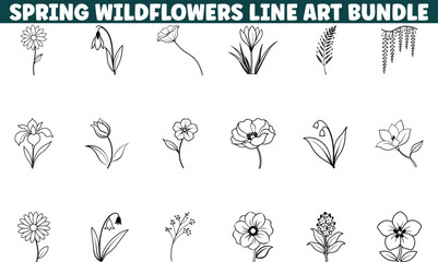 Spring Wildflowers Line Art Bundle Graphic Design Elements