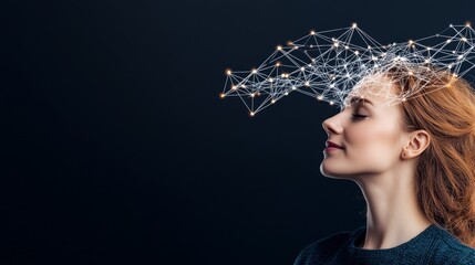 Woman with glowing abstract light rays around her head representing brainpower, neural energy, and futuristic technology in a calm and innovative portrait