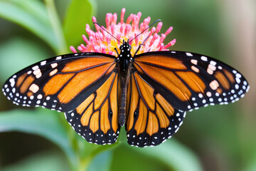 Fototapeta premium vibrant butterfly resting on pink flower, showcasing its stunning orange and black wings