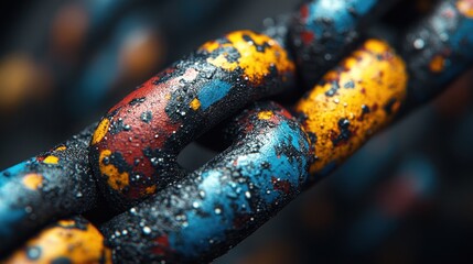 Close-up of colorful, weathered chain links