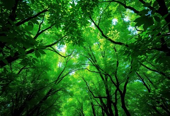 Fototapeta premium Emerald green canopy, dappled sunlight, vibrant flora, humidity, organic