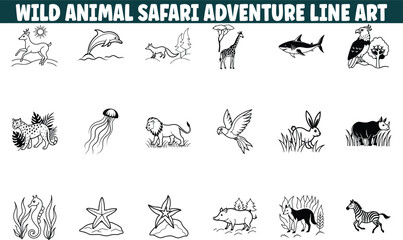 Wild Animal Safari Adventure Line Art Diverse Wildlife Icons
