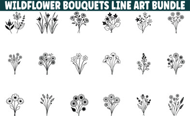 Wildflower Bouquet Line Art Bundle Printable Floral Designs