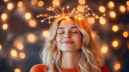 Woman with light glowing crown representing neural activation and creative flow in a highly conceptual futuristic style