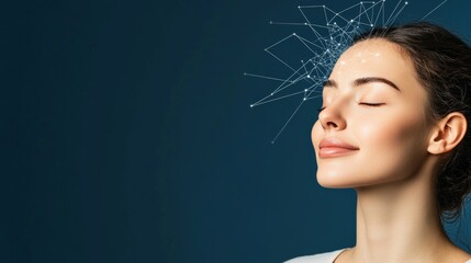 Close up portrait of young woman with glowing brain network, symbolizing neural activation and deep creative thinking in modern digital art