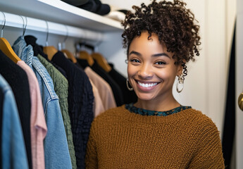 woman choosing clothes. woman is smiling while selecting an outfit from her closet