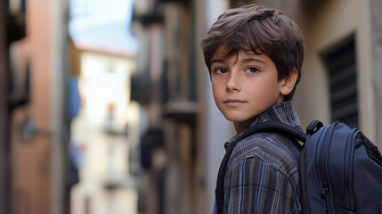 portrait of a boy, europian school boy with back pack portrait
