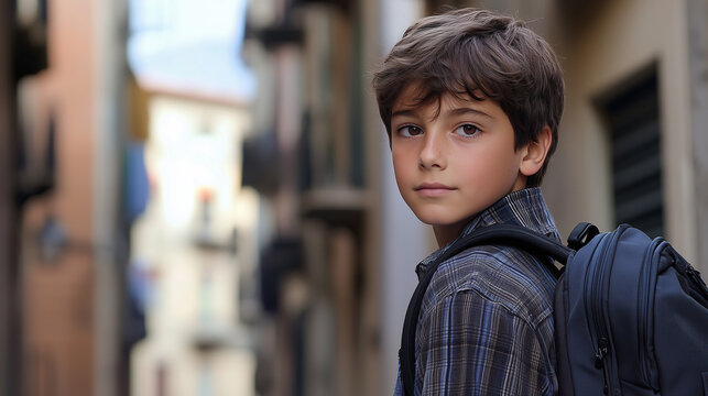 portrait of a boy, europian school boy with back pack portrait