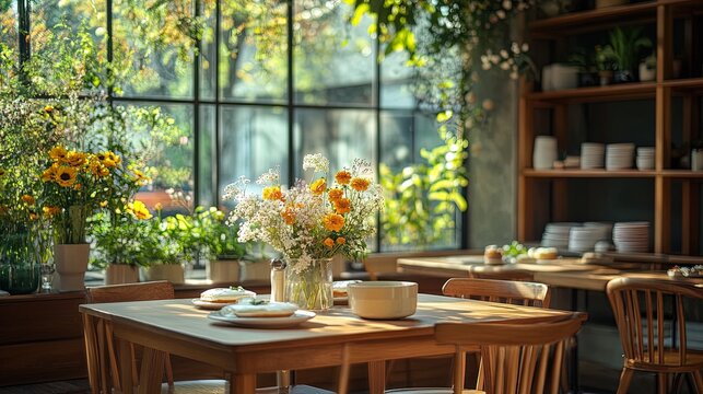 A stylish brunch cafe with floral arrangements, natural wood furniture, and light breakfast items