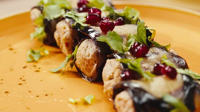 Eggplant rolls with cheese. Middle eastern arabian turkish and Georgian cuisine. Tasty restaurant, uzbek kazakh close up food.