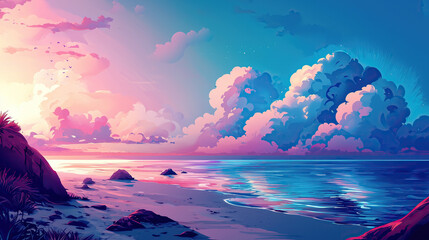 sunset over the sea. bright background sea and clouds hand-drawn style. concept art.