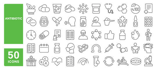Set of 50 line icons related to antibiotic, pharmaceutical, medicine, pills, dosage, capsule, bottle, syringe, vitamin, treatment, cure, medication, Editable stroke. Vector illustration