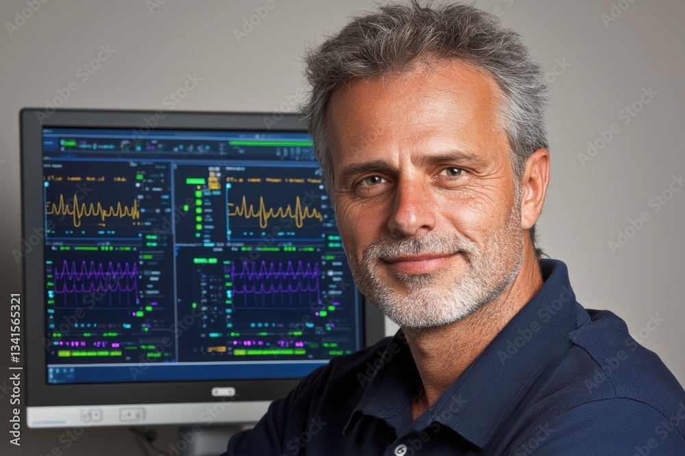 Aufkleber A confident tech professional smiles while working on a computer, showcasing advanced data analysis and solutions for modern challenges.