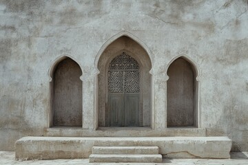Fototapeta premium Architectural design featuring a central door and arched openings within a facade