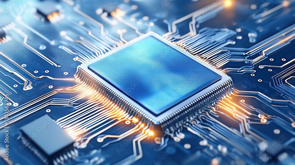Poster a detailed close-up of a microprocessor, showcasing intricate circuit designs and modern technology 