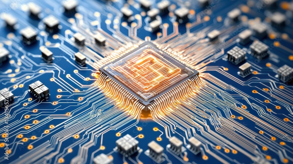Poster A detailed close-up of a microchip with intricate circuits, showcasing modern technology and innovation in electronics.