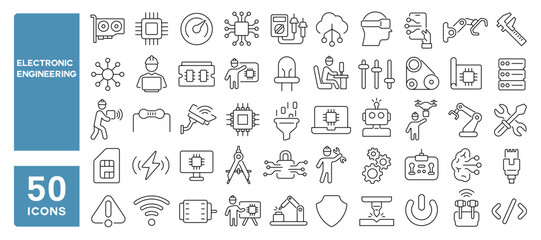 Set of 50 line icons related to electronic engineering, process, automation, chip, electronics, components, circuit, board, tech, hardware, processor, Editable stroke. Vector illustration