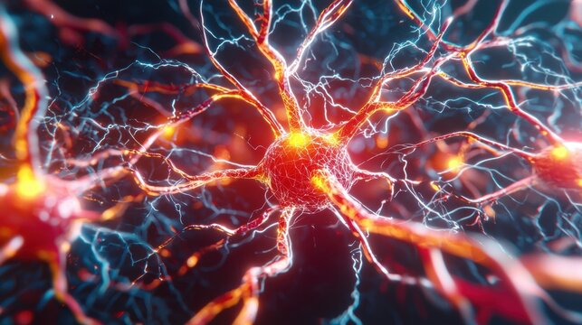 A detailed depiction of a neuron with glowing synapses, illustrating the complex workings of the nervous system.