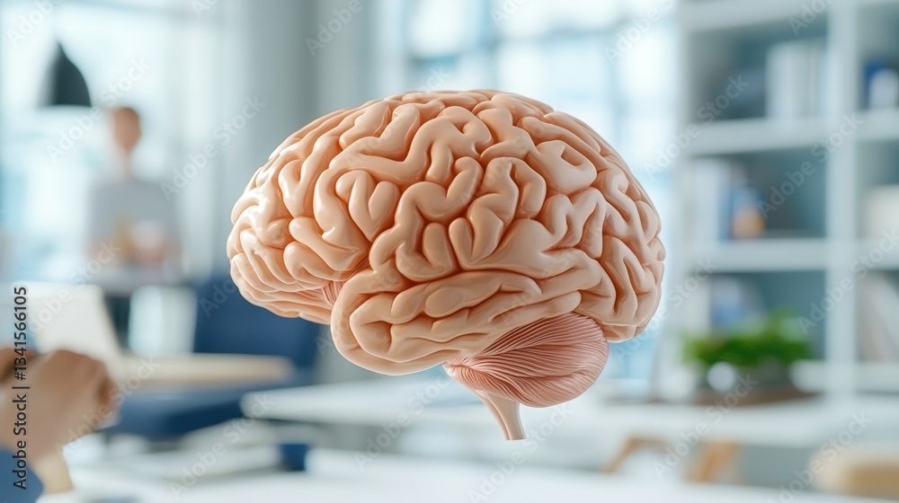 Poster A detailed rendering of a human brain, showcasing its complex structure in a modern office environment, symbolizing cognitive function.