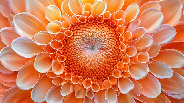 A vibrant close-up of a symmetrical orange dahlia flower with many layers of petals radiating from the center.
 - Powered by Adobe