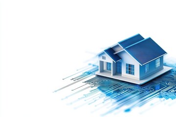 A digital house model on a circuit board, symbolizing smart home technology and innovation in real estate.