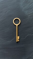 Minimalist golden key with a simple and elegant design. Contemporary style golden key on a black background.