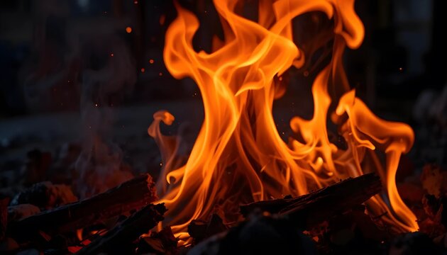 Fiery Orange and Yellow Flames Above Glowing Embers