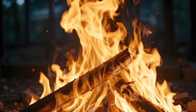 Fiery Orange and Yellow Flames Consuming Wooden Logs in a Dark Fire Pit